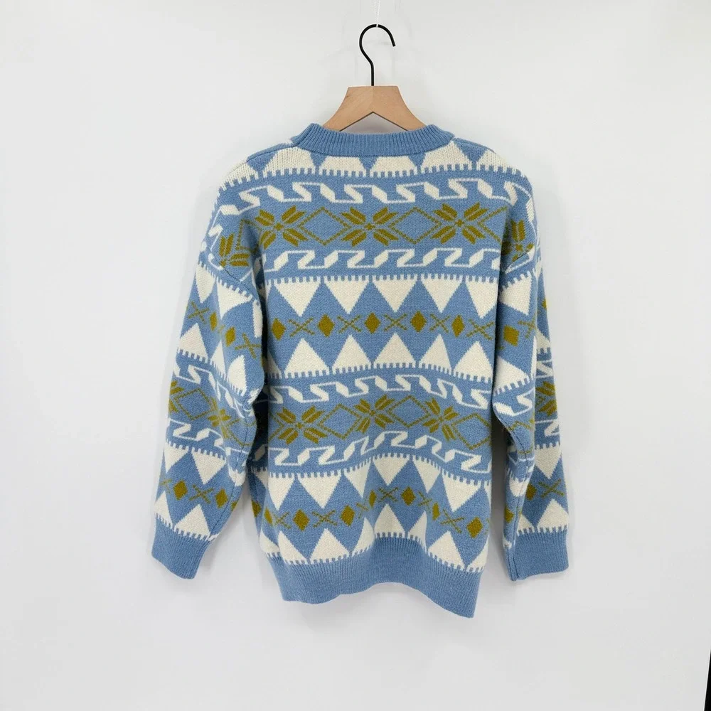 Vtg Style Fair Isle Chunky Double-Knit Crewneck Nordic Ski Sweater Geometric